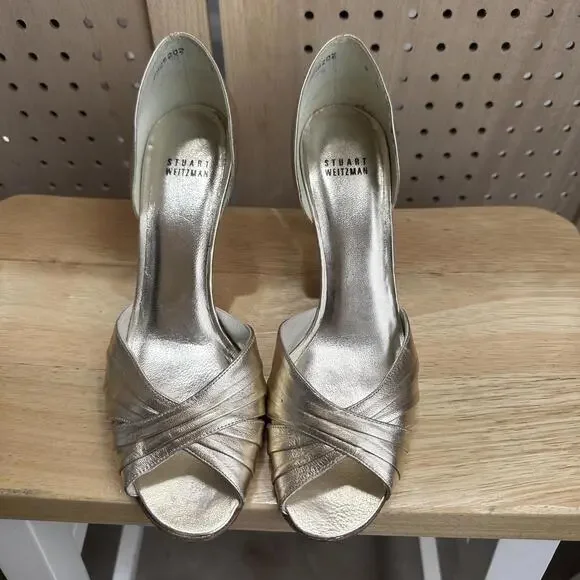 Stuart Weitzman Gold Heels Open toed Pump Sz 9 - Picture 1 of 9